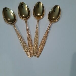 4 Place/Oval Soup Spoons Golden Bouquet (Gold Electroplate) by Stanley Roberts